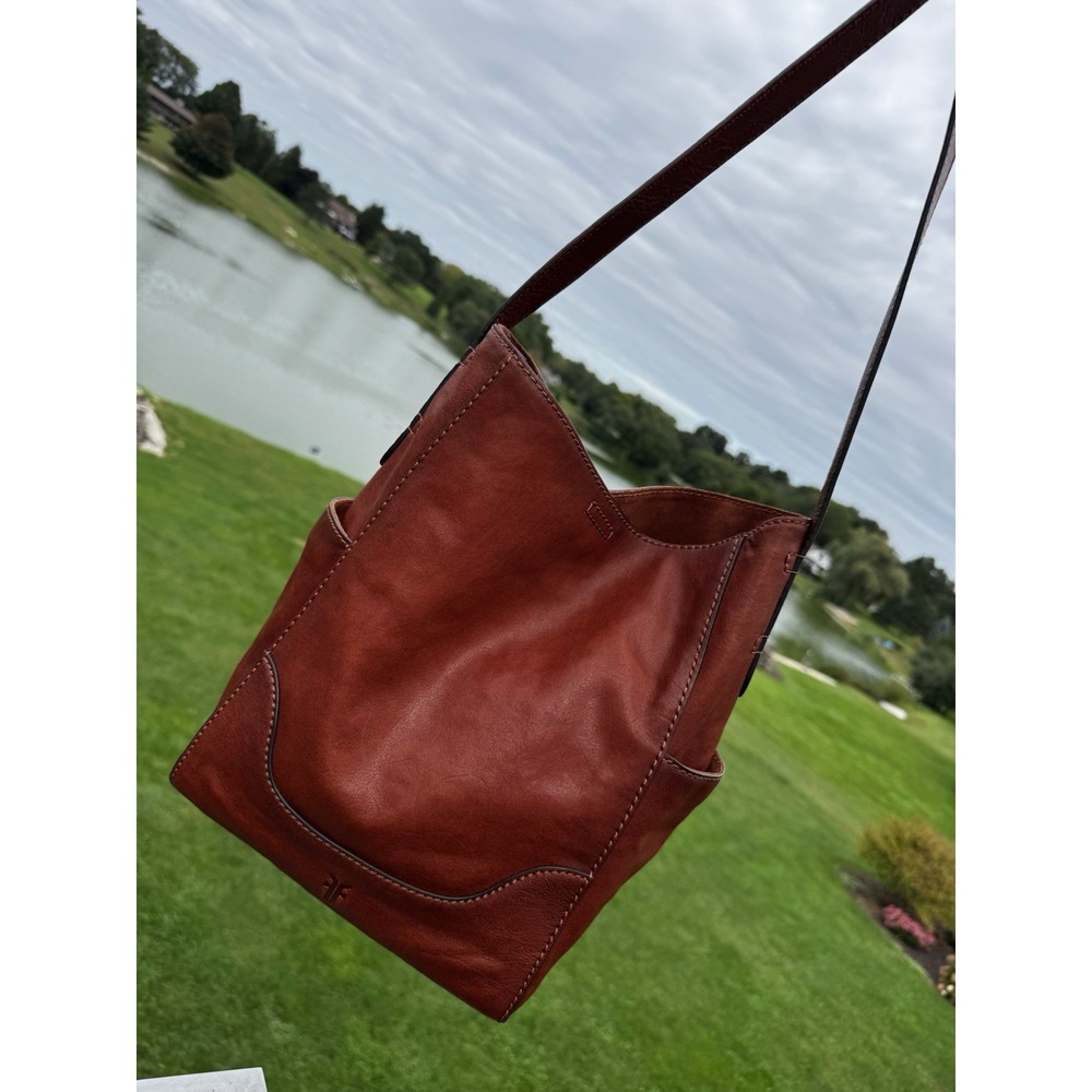 FRYE Women's Leather Side Pocket Hobo Shoulder Bag Cognac Brown